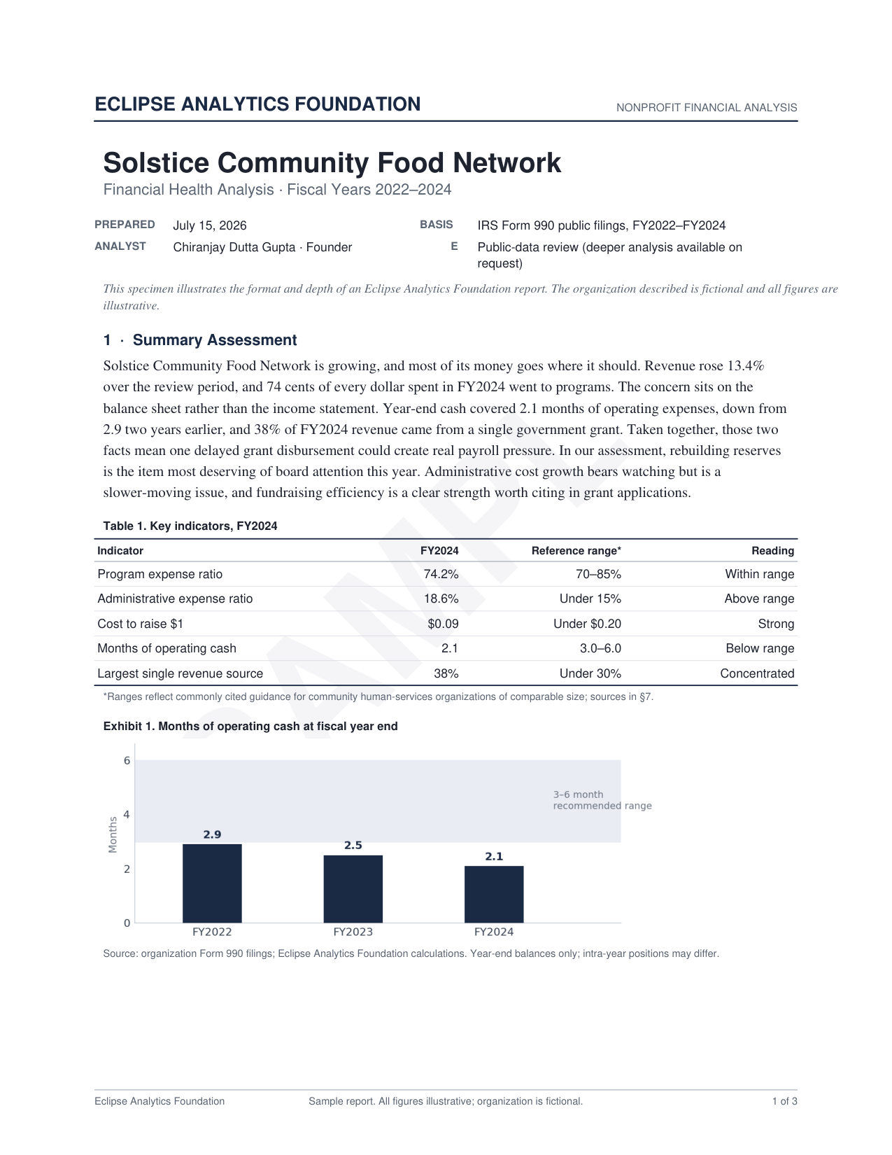 Page 1 of the sample report: summary assessment, key indicator table, and an operating-cash chart for a fictional food bank